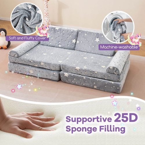 Canapé de jeu modulaire pour enfants Honeyjoy 8 PCS avec poignées lavables à la machine pour construire gris fort/multicolore