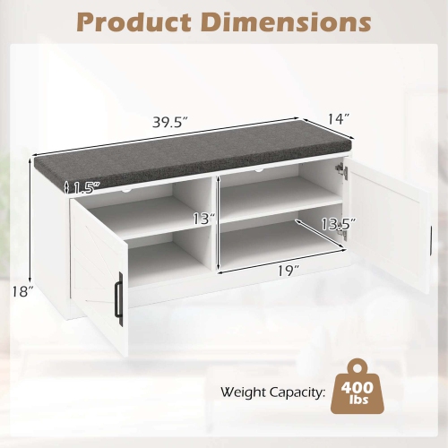 Banc de rangement pour chaussures de maison de Costway avec coussin, 2 portes, 2 tablettes ajustables