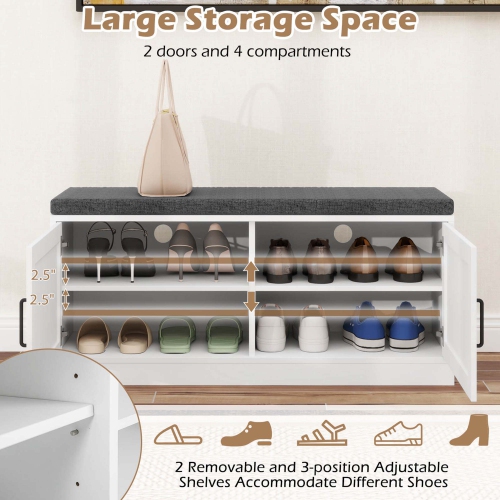 Banc de rangement pour chaussures de maison de Costway avec coussin, 2 portes, 2 tablettes ajustables
