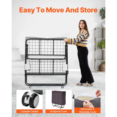 VEVOR 38 in x 75 in Folding Bed with 4 in Mattress, Twin Size Bed with Sturdy Metal Frame & Memory Foam Mattress, Portable Twin Roll Away Bed with