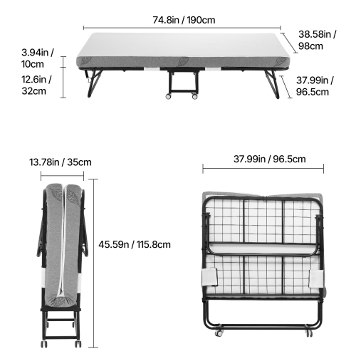 VEVOR 38 in x 75 in Folding Bed with 4 in Mattress, Twin Size Bed with Sturdy Metal Frame & Memory Foam Mattress, Portable Twin Roll Away Bed with