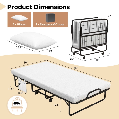 Lit pliant 75 x 39 po avec matelas en mousse à mémoire et housse d'oreiller de Costway, cadre en métal