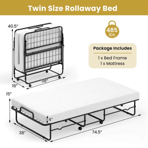 Costway Twin Size Folding Bed 38" x 75" Rollaway Guest Bed Portable Sleeper Bed