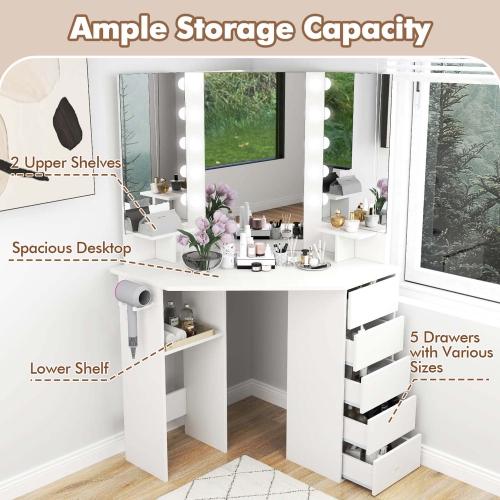 Coiffeuse en coin avec miroir LED et prises d'alimentation de Costway