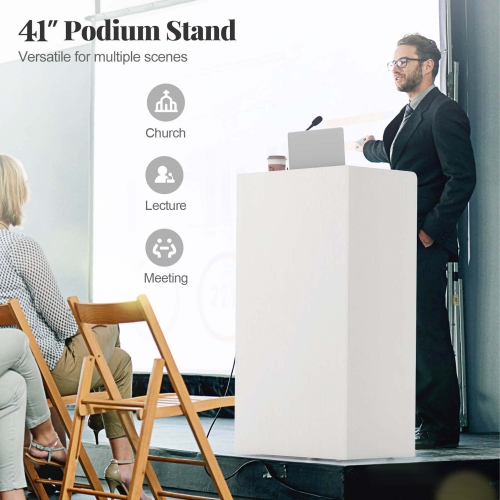 Costway 41" Presentation Podium with 2 Storage Shelves Laptop Computer Cart 4 Casters Black/White