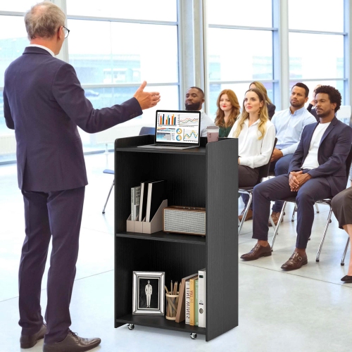 Costway 41" Presentation Podium with 2 Storage Shelves Laptop Computer Cart 4 Casters Black/White