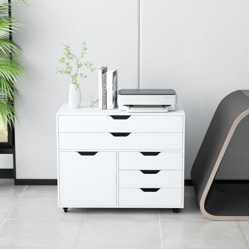 Costway 5-Drawer File Cabinet Mobile Chest of Drawers with Side Cabinet 5 Casters