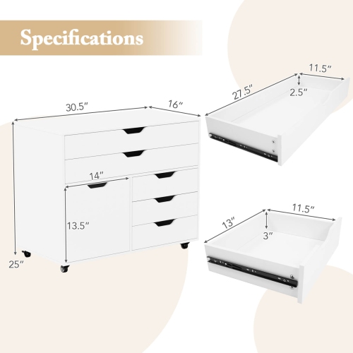 Costway 5-Drawer File Cabinet Mobile Chest of Drawers with Side Cabinet 5 Casters
