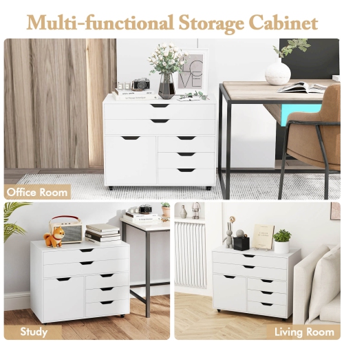 Costway 5-Drawer File Cabinet Mobile Chest of Drawers with Side Cabinet 5 Casters