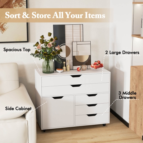 Costway 5-Drawer File Cabinet Mobile Chest of Drawers with Side Cabinet 5 Casters