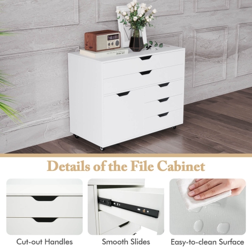 Costway 5-Drawer File Cabinet Mobile Chest of Drawers with Side Cabinet 5 Casters