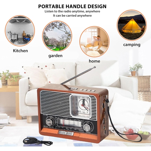 Radio classique multifonctionnelle AM FM SW Radio avec lampe de poche et rétrohaut-parleur avec lampe de poche LED, fonction horloge, apparence rétro