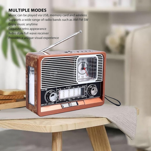 Radio classique multifonctionnelle AM FM SW Radio avec lampe de poche et rétrohaut-parleur avec lampe de poche LED, fonction horloge, apparence rétro