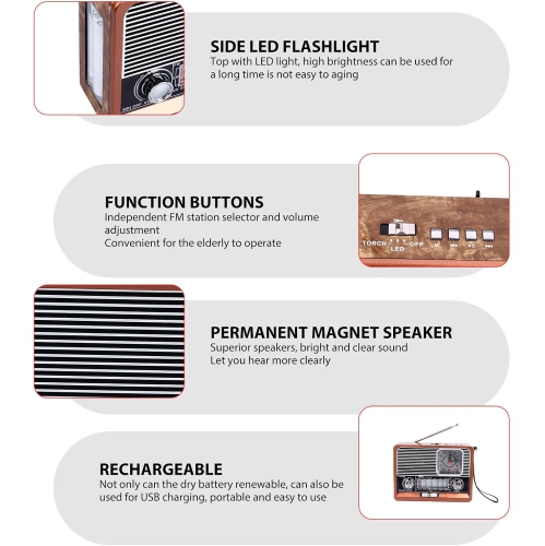 Radio classique multifonctionnelle AM FM SW Radio avec lampe de poche et rétrohaut-parleur avec lampe de poche LED, fonction horloge, apparence rétro