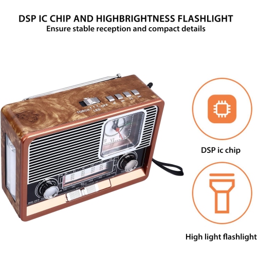 Radio classique multifonctionnelle AM FM SW Radio avec lampe de poche et rétrohaut-parleur avec lampe de poche LED, fonction horloge, apparence rétro
