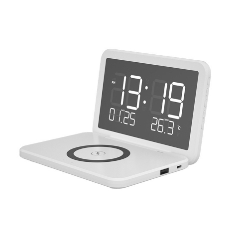 Digital Clock with Wireless Charging Folding Calendar LED Mirror Digital Alarm Clock-White