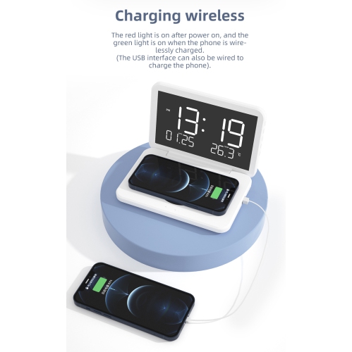 Digital Clock with Wireless Charging Folding Calendar LED Mirror Digital Alarm Clock-White