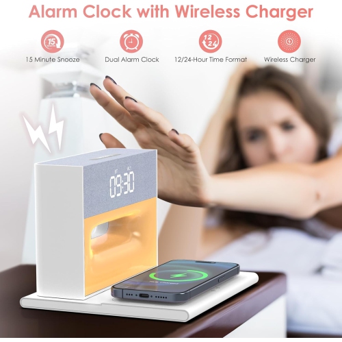 Alarm Clock with Wireless Bluetooth Speaker,Alarm Clock with Wireless Charging,4-in-1 Touch Bedside Lamp,Bluetooth Alarm Clock for Bedroom