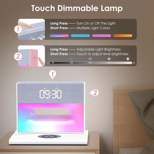 Alarm Clock with Wireless Bluetooth Speaker,Alarm Clock with Wireless Charging,4-in-1 Touch Bedside Lamp,Bluetooth Alarm Clock for Bedroom