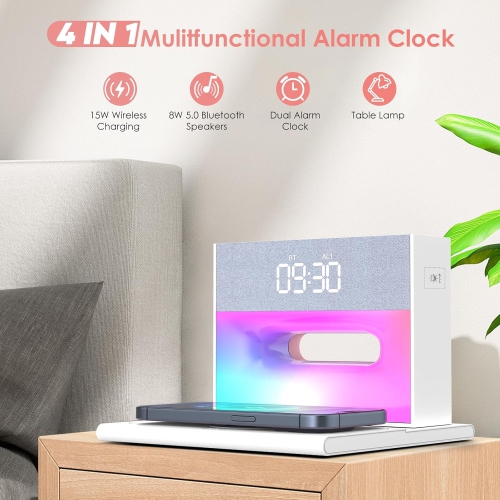 Alarm Clock with Wireless Bluetooth Speaker,Alarm Clock with Wireless Charging,4-in-1 Touch Bedside Lamp,Bluetooth Alarm Clock for Bedroom