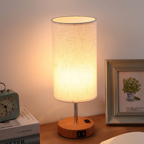 THE WAY  Touch Table Lamp, Led Three-Speed Dimming Bedroom Bedside Lamp, Fabric Decorative Lamp Stepless Adjustment, Dual USB Charging Port, 5W