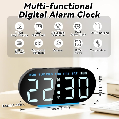 Simple large screen LED electronic clock, stylish atmosphere light bedside alarm clock, with 12/24 hour display, week, date, temperature, memory