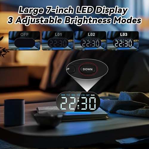 Simple large screen LED electronic clock, stylish atmosphere light bedside alarm clock, with 12/24 hour display, week, date, temperature, memory