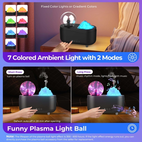 Essential Oil Diffuser, Bedroom Aromatherapy Diffuser Humidifier With Wireless Bluetooth Speaker, 7 Colors LED Light and Plasma