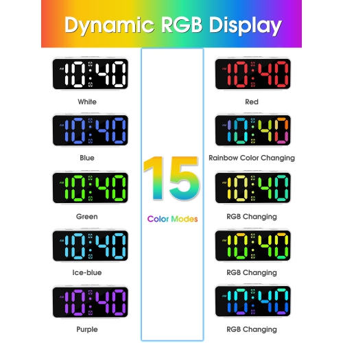 Petit réveille-matin très fort pour chambre à coucher, branchez des réveils numériques simples avec grand écran coloré RVB, deux alarmes, gradateur