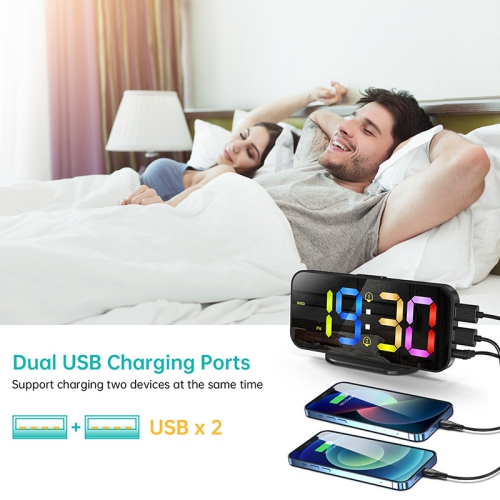 Petit réveille-matin très fort pour chambre à coucher, branchez des réveils numériques simples avec grand écran coloré RVB, deux alarmes, gradateur