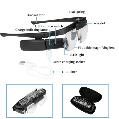 Headband Magnifier Glasses,Rechargeable Head Mount Magnifying Glasses with Light,Hands-Free Loupe for Reading Sewing Repair