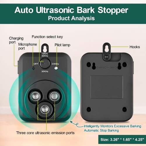 Ultrasonic dog repeller, 3 modes automatic dog barking control device, rechargeable ultrasonic barking box, dog barking deterrent device, effective