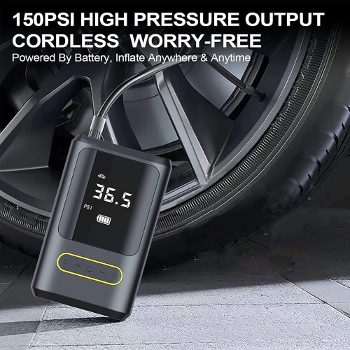 150PSI ultra-fast inflation|4 modes intelligent switching|Dual LED emergency lights|Digital tire pressure display and automatic stop|Long-lasting
