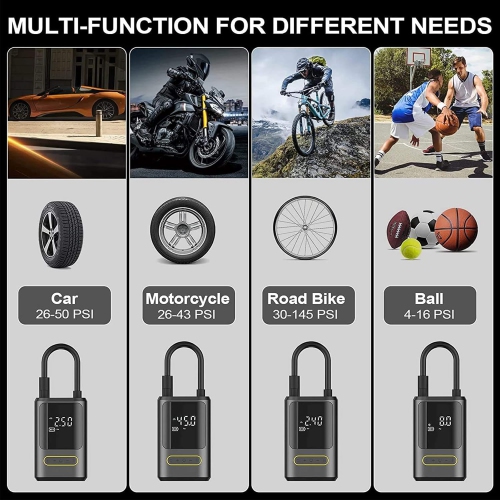 150PSI ultra-fast inflation|4 modes intelligent switching|Dual LED emergency lights|Digital tire pressure display and automatic stop|Long-lasting