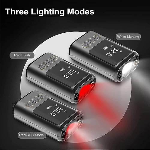 150PSI ultra-fast inflation|4 modes intelligent switching|Dual LED emergency lights|Digital tire pressure display and automatic stop|Long-lasting