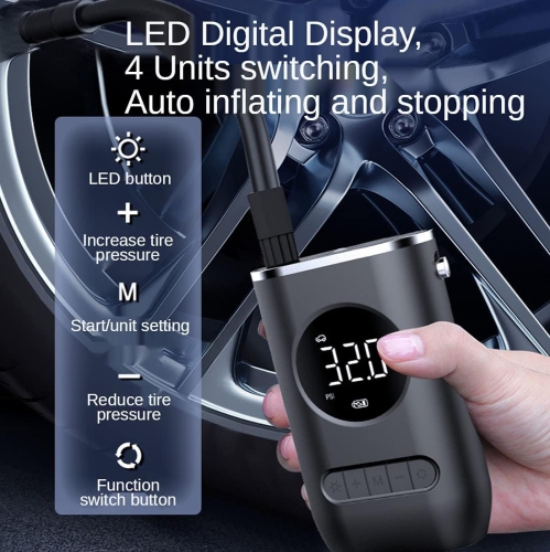 Wireless charging lithium battery model|150PSI fast charging|4 modes intelligent switching|Tire pressure digital display and automatic