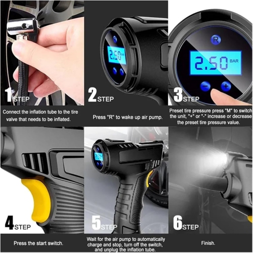 Portable multifunctional electric air pump, intelligent digital display, preset tire pressure, automatic stop when full, with LED light, long battery