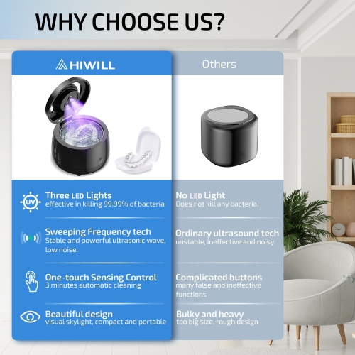 Nettoyant pour dentier ultrasonique, dispositif de retenue pour alignement UV, bijoux et montre - Noir