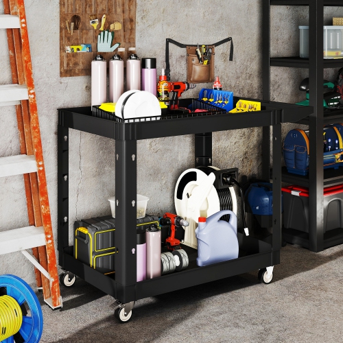 HOMCOM 2-Tier Rolling Tool Cart with Wheels, 500 LBS Capacity Plastic Utility Cart with Handle, Mobile Service Tool Organizer for Garage, Warehouse,