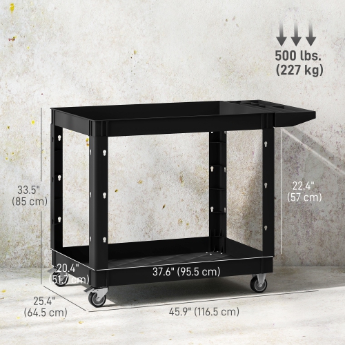 HOMCOM 2-Tier Rolling Tool Cart with Wheels, 500 LBS Capacity Plastic Utility Cart with Handle, Mobile Service Tool Organizer for Garage, Warehouse,