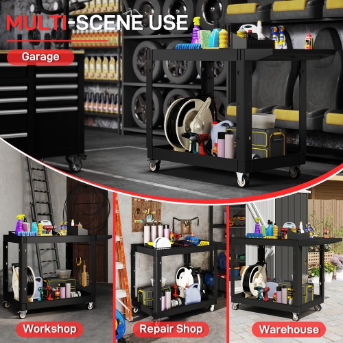 HOMCOM 2-Tier Rolling Tool Cart with Wheels, 500 LBS Capacity Plastic Utility Cart with Handle, Mobile Service Tool Organizer for Garage, Warehouse,