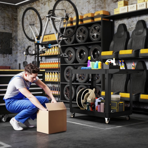 HOMCOM 2-Tier Rolling Tool Cart with Wheels, 500 LBS Capacity Plastic Utility Cart with Handle, Mobile Service Tool Organizer for Garage, Warehouse,