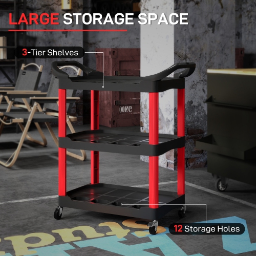 HOMCOM 3-Tier Rolling Tool Cart with Wheels, 200 LBS Capacity Plastic Utility Cart, Mobile Service Tool Organizer for Garage, Warehouse, Workshop,