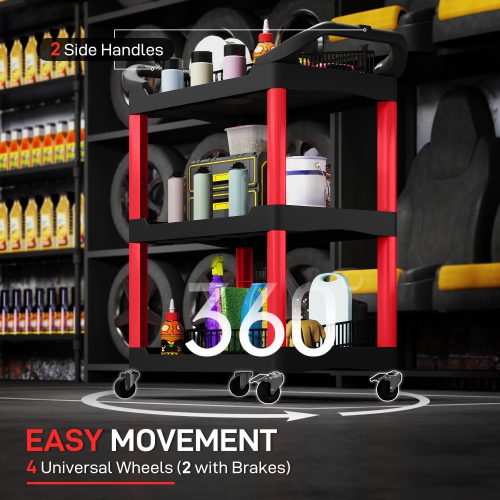 HOMCOM 3-Tier Rolling Tool Cart with Wheels, 200 LBS Capacity Plastic Utility Cart, Mobile Service Tool Organizer for Garage, Warehouse, Workshop,