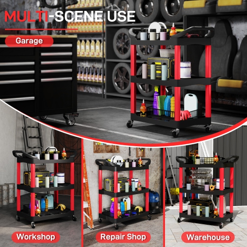 HOMCOM 3-Tier Rolling Tool Cart with Wheels, 200 LBS Capacity Plastic Utility Cart, Mobile Service Tool Organizer for Garage, Warehouse, Workshop,