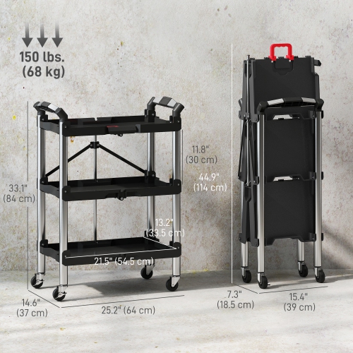HOMCOM – Chariot à outils pliable à 3 niveaux avec roulettes, chariot utilitaire pliable d'une capacité de 150 LB avec poignées, range-outils mobile