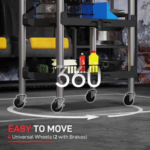 HOMCOM – Chariot à outils pliable à 3 niveaux avec roulettes, chariot utilitaire pliable d'une capacité de 150 LB avec poignées, range-outils mobile