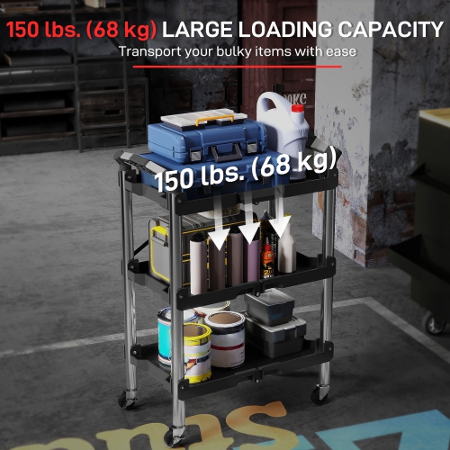 HOMCOM – Chariot à outils pliable à 3 niveaux avec roulettes, chariot utilitaire pliable d'une capacité de 150 LB avec poignées, range-outils mobile