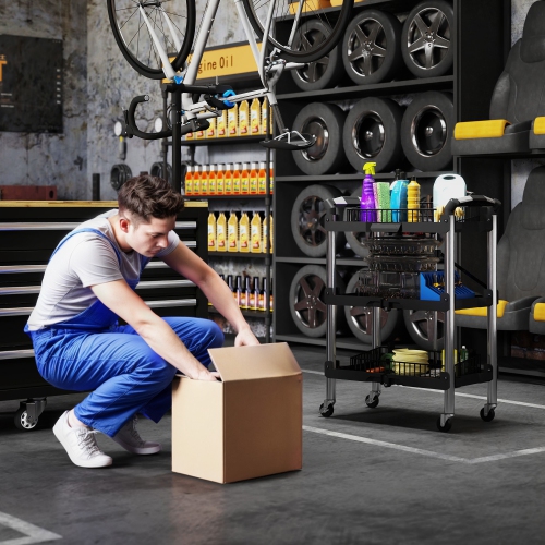 HOMCOM – Chariot à outils pliable à 3 niveaux avec roulettes, chariot utilitaire pliable d'une capacité de 150 LB avec poignées, range-outils mobile