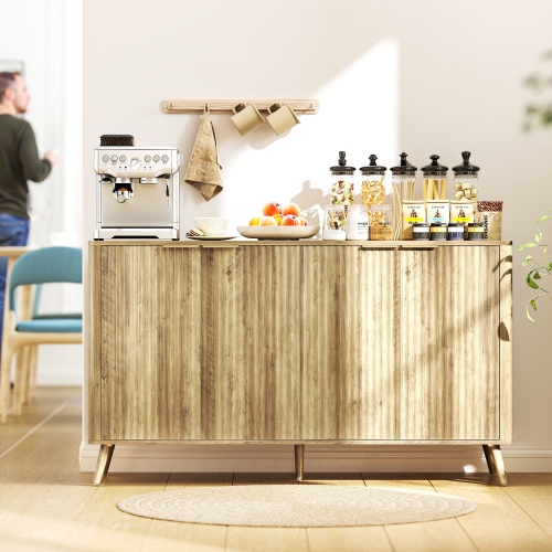 HOMCOM Fluted Sideboard Buffet Cabinet with Storage, 55" Modern Kitchen Coffee Bar Cabinet with 4 Doors, 2 Adjustable Shelves and Wood Legs, Oak